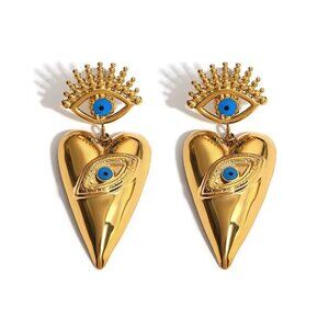 Gold Heart Evil Eye Dangle Earrings Blue Eye Protection Fashion Jewelry - NEW